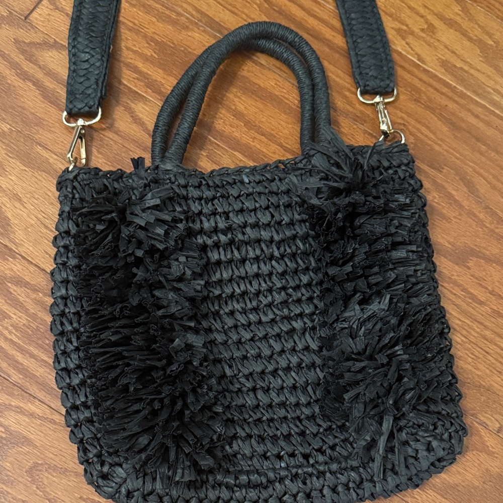 Black Woven Fringe Straw Handbag with Shoulder Strap